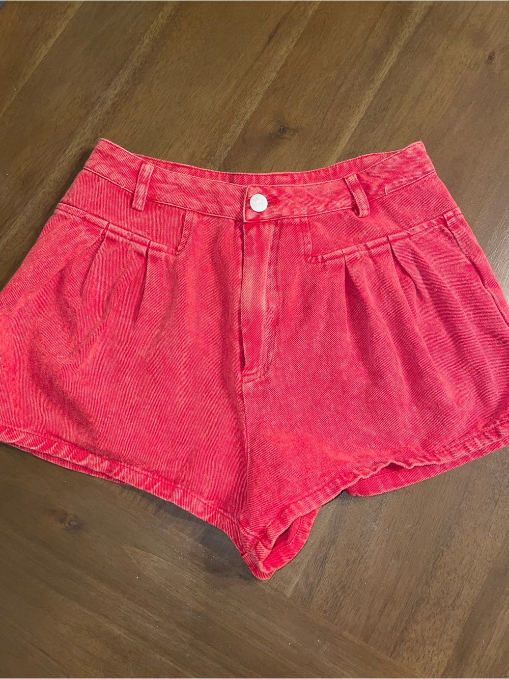 High-Rise Coral Pink Denim Shorts with Pleated Front